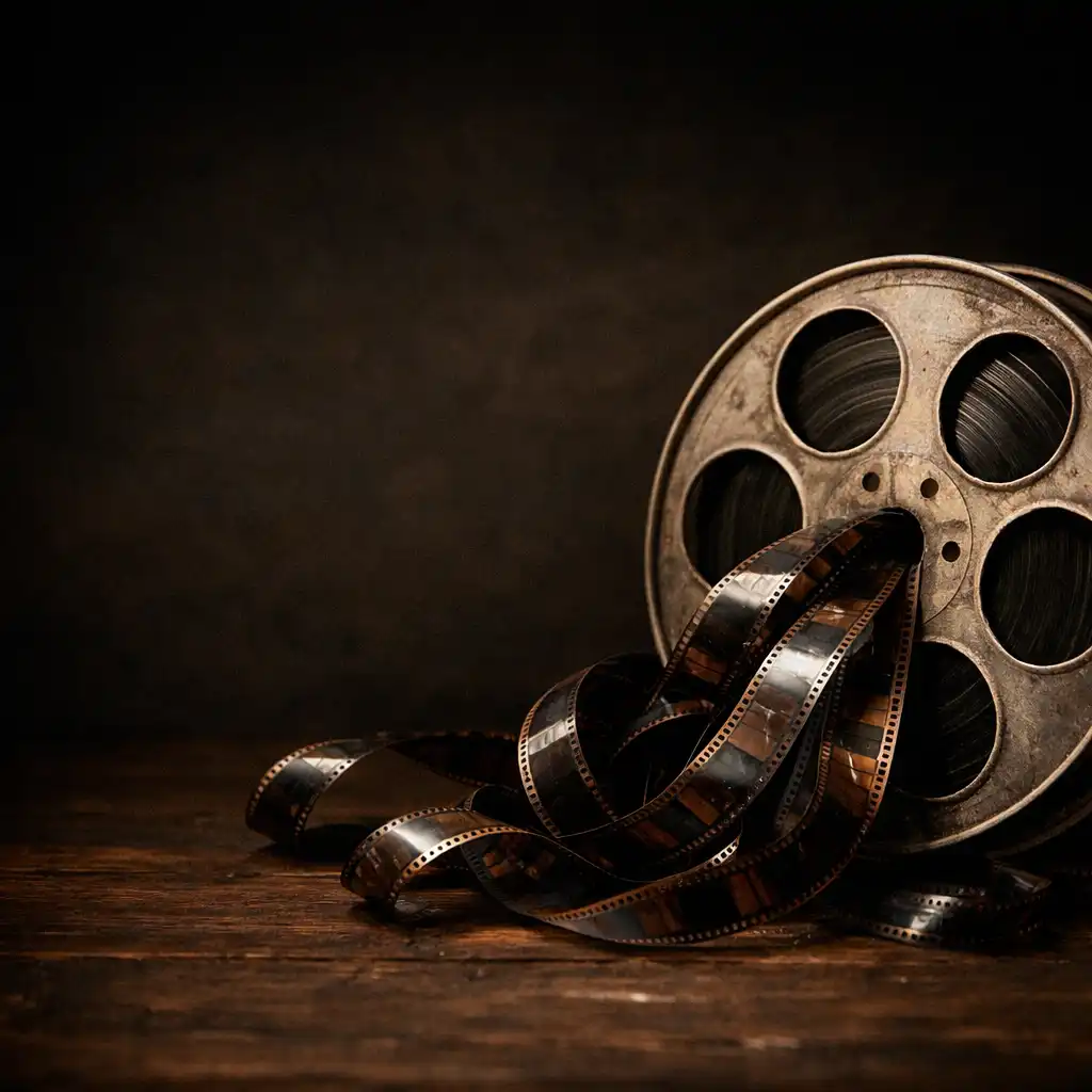 A vintage film reel with film strips spilling onto a dark wooden surface
