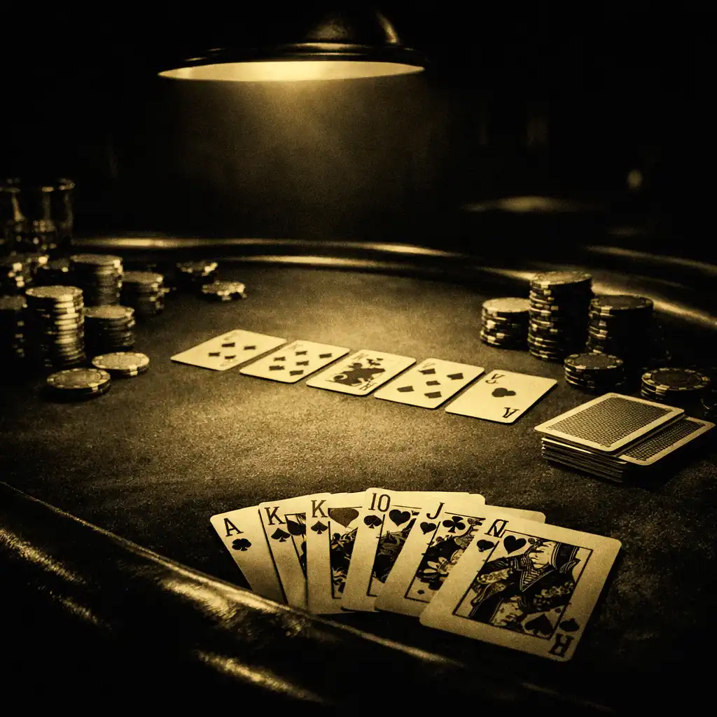Cinematic editorial view of a high-stakes poker table with dramatic lighting, scattered cards, and stacks of chips in muted gold and wine tones.