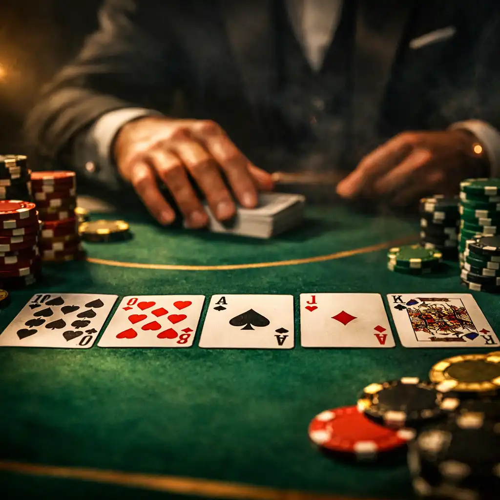 Dramatically lit high-stakes poker table with scattered chips and cards