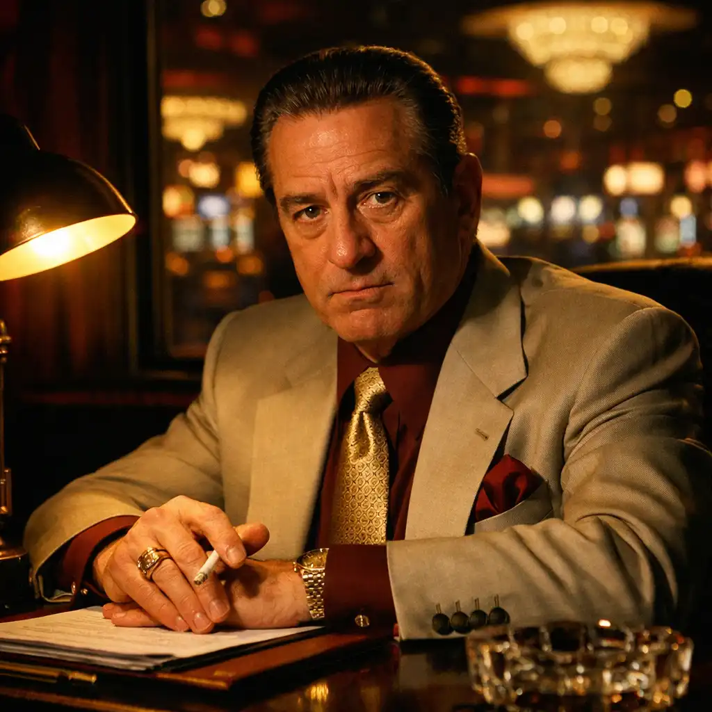 Casino boss in a tailored suit seated at a desk in a dark office