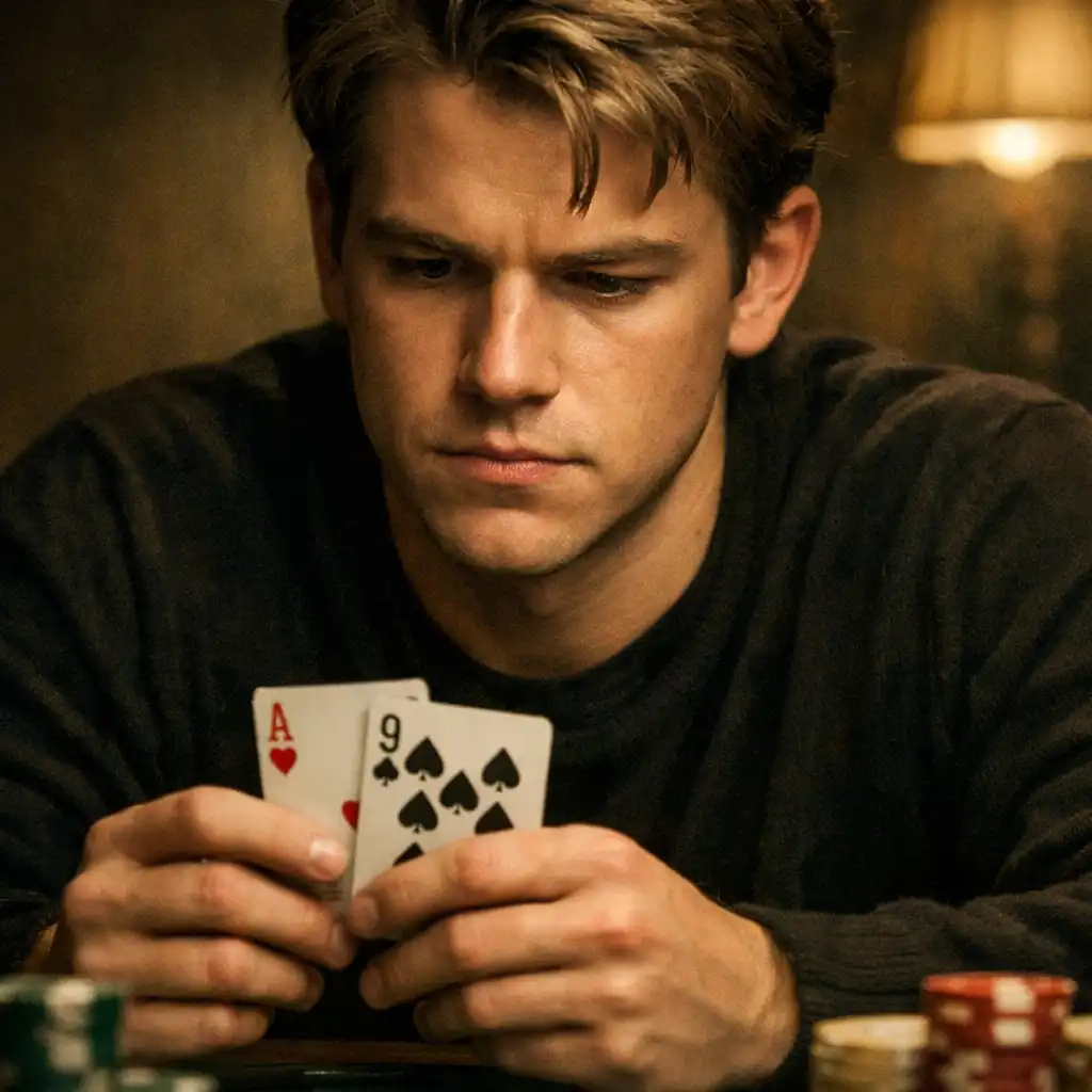 Young poker player looking intently at his cards at a poker table