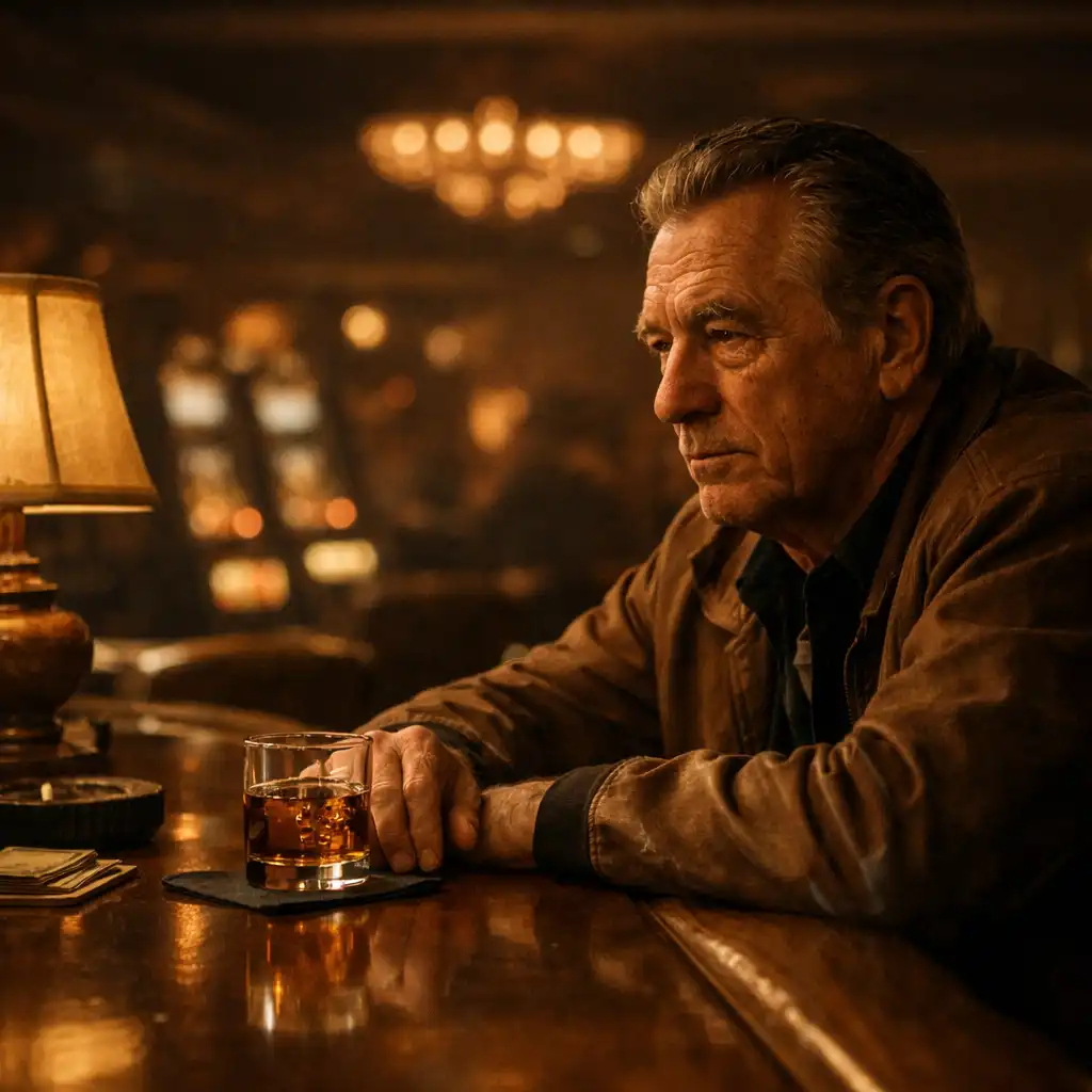 Older man sitting alone at a dimly lit casino bar