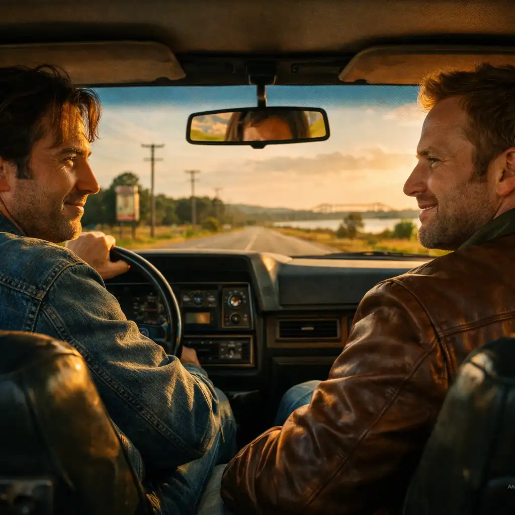Two men sitting in a car during a golden hour road trip