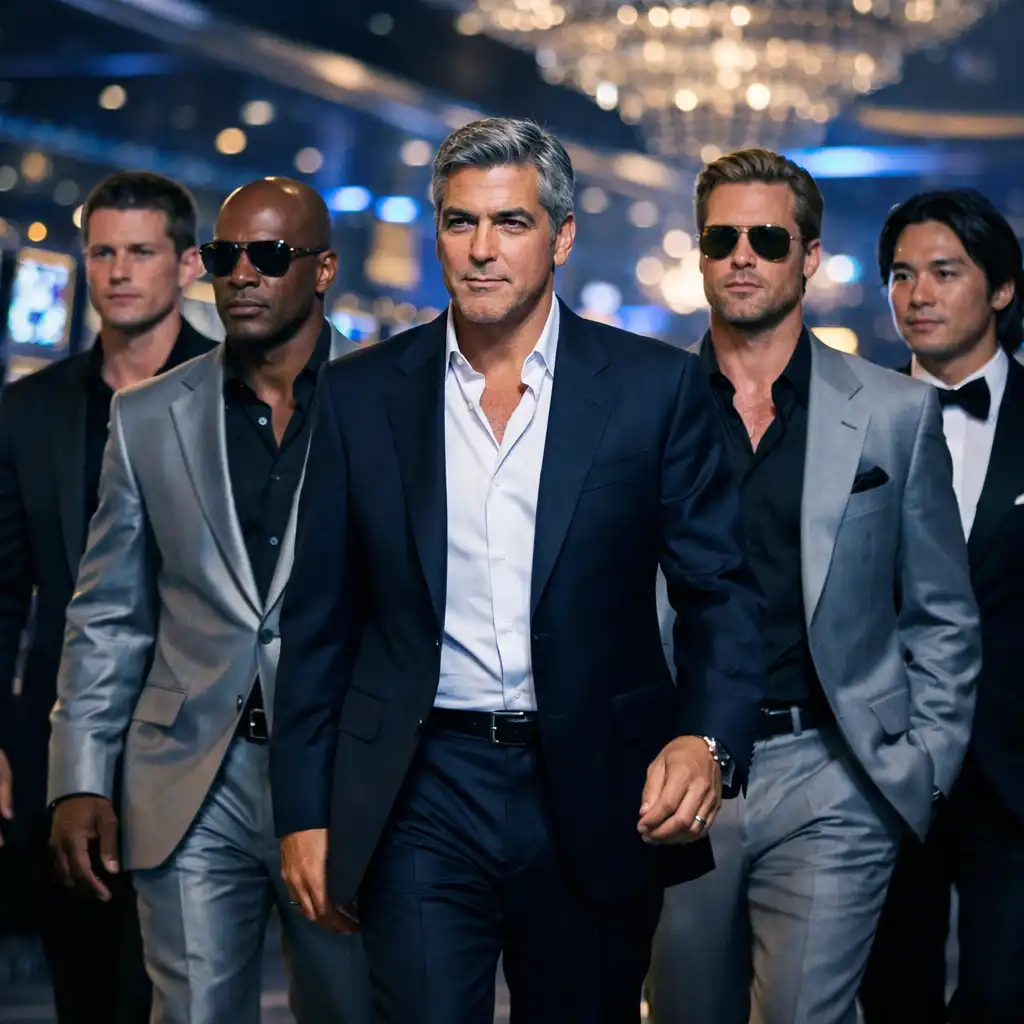Well-dressed group walking through a stylish casino lobby