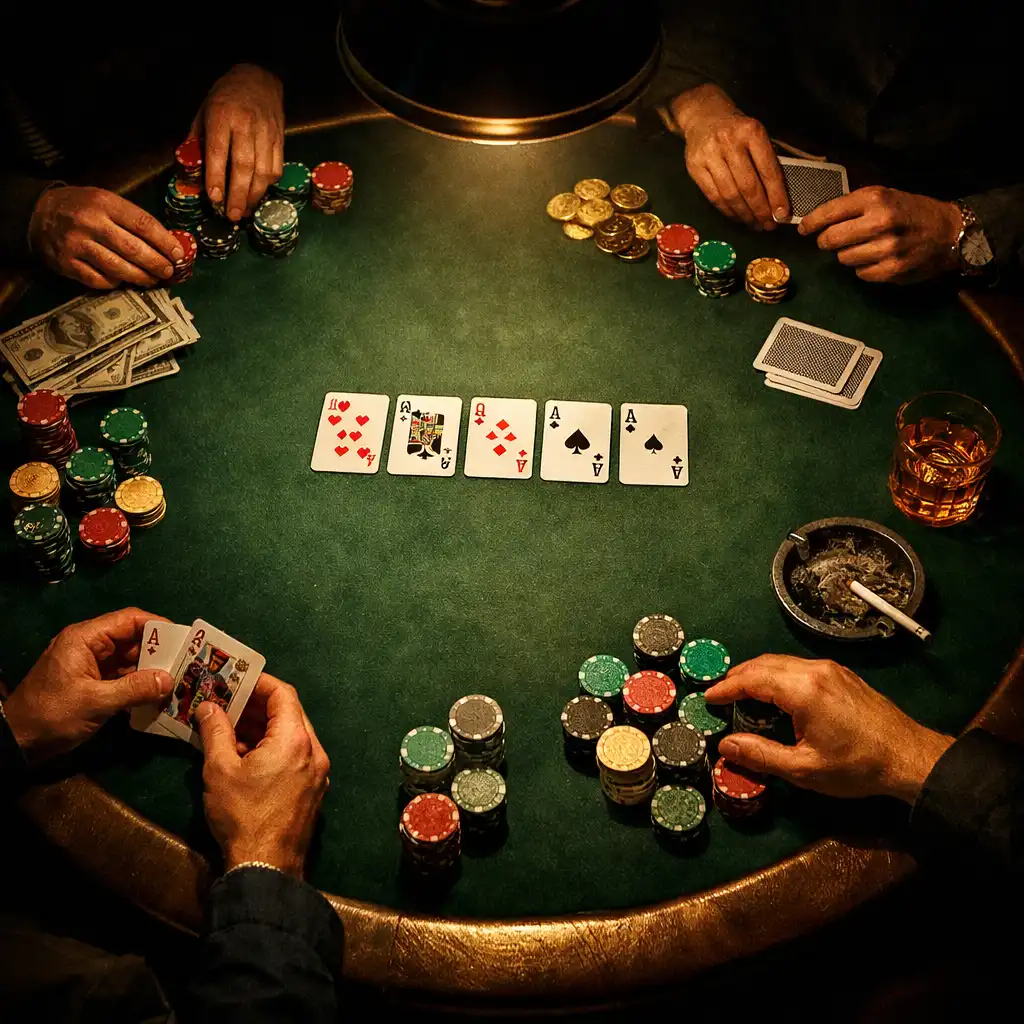 High-angle view of a dramatic poker game under a single overhead lamp