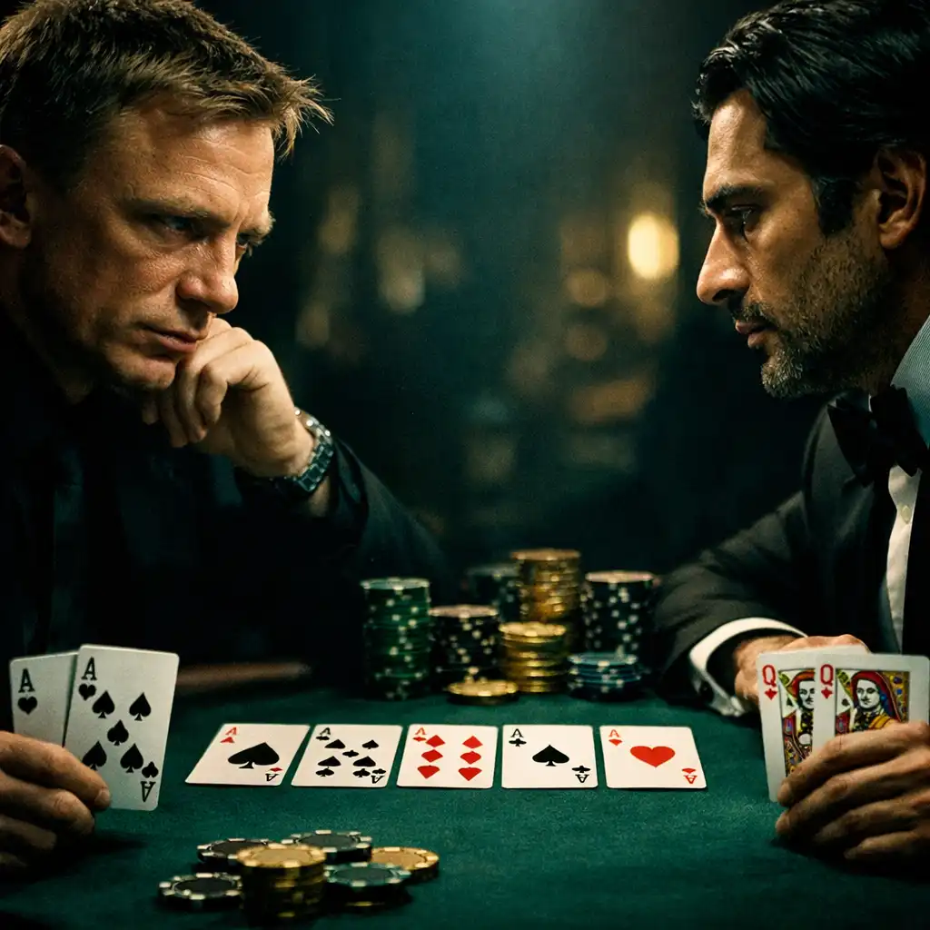 Two players facing each other in a tense poker showdown with cards and chips between them